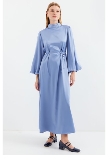 Bigdart 2510 Saten Tesettür Abiye Elbise - İndigo 001