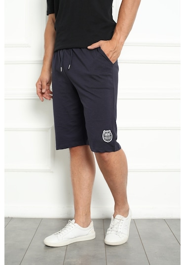 Erkek Şort Bermuda Kurt Armalı Beli Bağcıklı İpli Cepli Büyük Beden Geniş Beden Aralığı Laci Nıc1067 R12 Lacivert