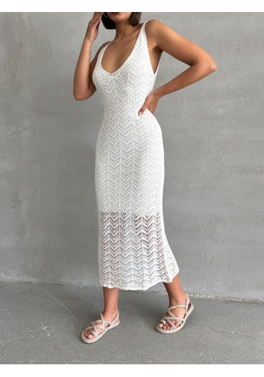 Kadın Askılı Ajurlu Yazlık Triko Elbise Ekru