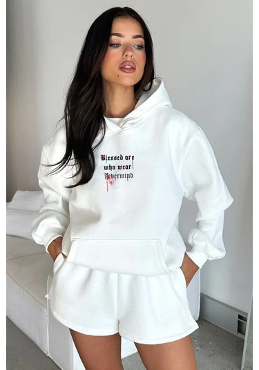 Unisex Oversize Hoodie - Blessed Tasarım Sweatshirt Beyaz
