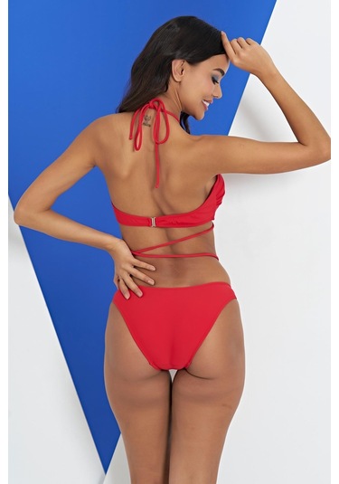 Ruko Maio 2315-1 Kırmızı Çapraz İp Modelli Boyundan Bağlamalı Bikini 001