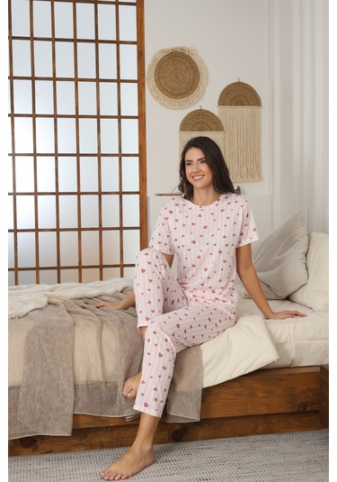 Kadın Yazlık Kısa Kol Penye Süprem Kumaş Pijama Takımı Pembe Kalpli