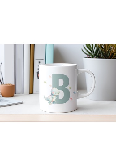 B Harfi Sevimli Dinozor Kupa Bardak - Açık Yeşil Yıldız Detaylı Dino Tasarım - Hediye Beyaz