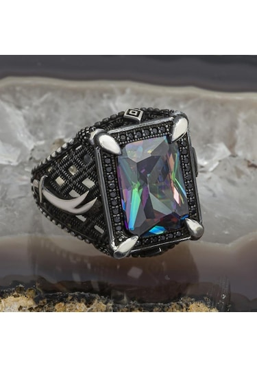 Zülfikar Desenli Kare Mistik Topaz Taşlı 925 Gümüş Erkek Yüzük