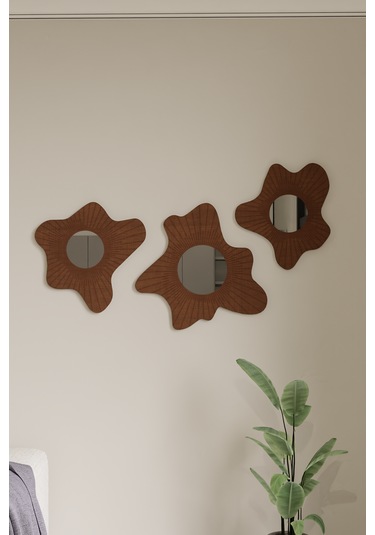 Lüks 3 Parçalı Pleksi Aynalı Ahşap Duvar Dekoru Krem