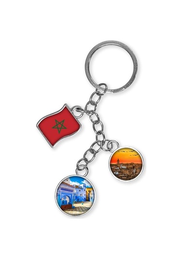 Fas Üçlü Epoksi Metal Çift Taraflı Damla Anahtarlık Morocco Gümüş