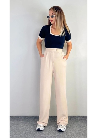 Kadın Likralı Cırt Kapama Lacivert Geniş Paçalı Rahat Palazzo Pantolon Bej