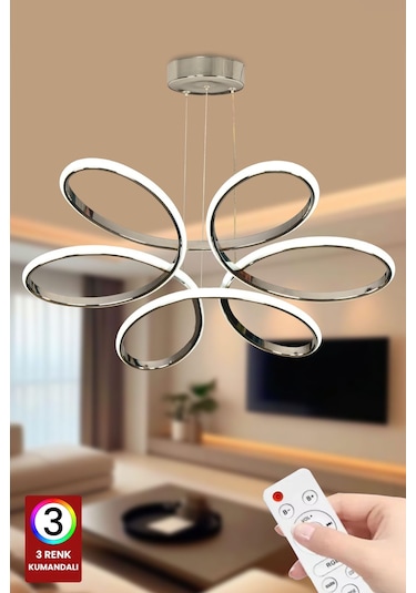Fuzon 3 Renk Kumandalı Krom Gümüş Salon Led Avize Orkide Ledli Avize Gümüş