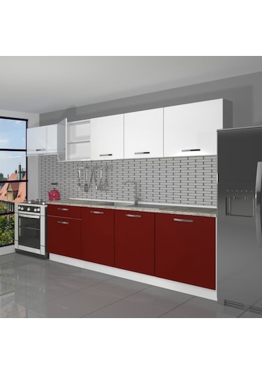 Decoraktiv Smart 280 Mdf Hazır Mutfak Dolabı - Tezgah Dahil - Bordo Beyaz Beyaz - Kırmızı