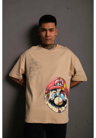 Erkek Mario Baskılı Oversize T-shirt - Bej Bej