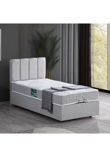 Setaymobilya Baza, Tek Kişilik Defne Baza+Başlık +Comfort Yatak Seti, Açık Gri