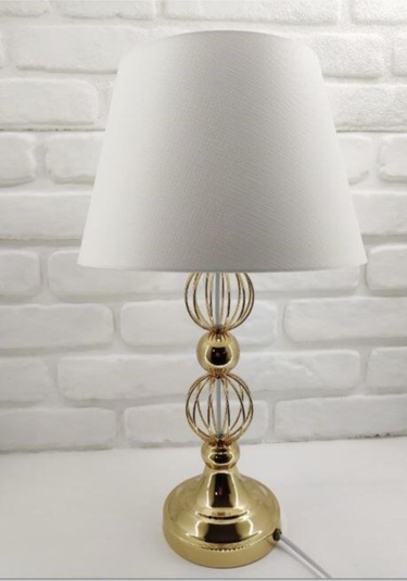 Gold Altın Renk Tel Toplu Metal Ayaklı Beyaz Şapkalı Abajur Altın - Beyaz