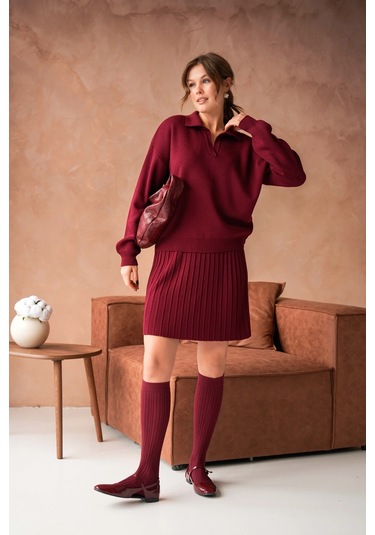 Kadın Polo Yaka Düşük Kol Kazak Kısa Etek İkili Triko Takım Bordo