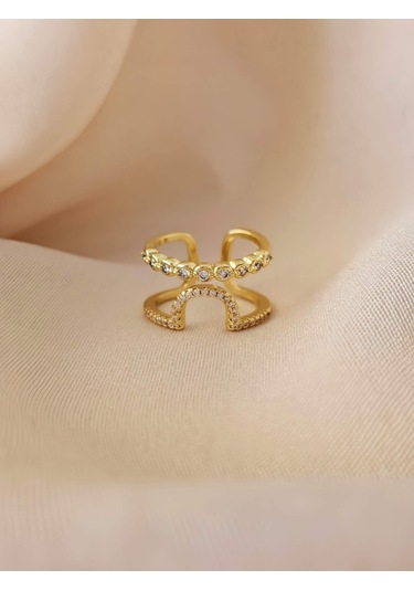 Oval İki Sıralı Taşlı Model Ayarlanabilir Gold Altın Renkli Yüzük Gold