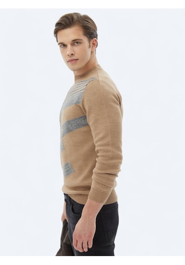 Deve Tüyü Bisiklet Yaka Desenli Yün Karışımlı Triko Kazak Bej