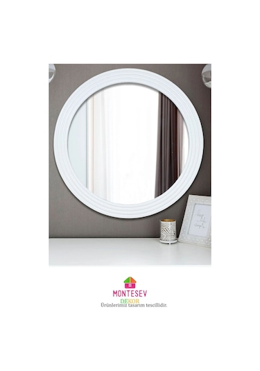 Zümrüt Beyaz Dekoratif Ayna Yuvarlak Işlemeli Duvar Aynası 69 Cm Beyaz