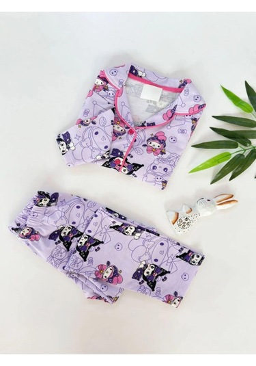 Kız Çocuk Düğmeli Tavşan Desenli Uzun Kollu Pijama Takımı-896 Mor
