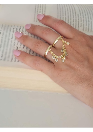 Şahmaran Damla Başak Model Zirkon Taşlı Ayarlanabilir Gold Altın Renkli Yüzük Gold