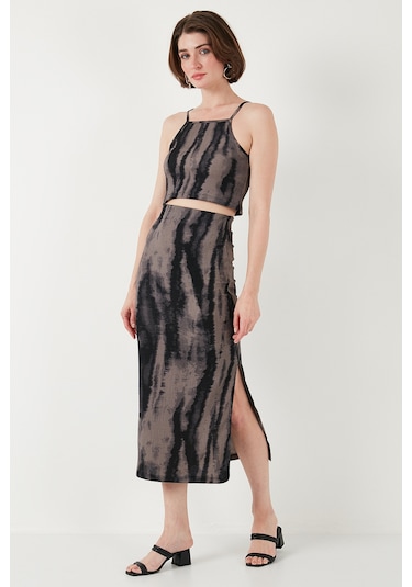 Lela Slim Fit Ip Askılı Yırtmaçlı Midi Alt-Üst Bayan Takım 5869021 Siyah