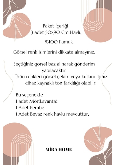 3 Lü Renkli El Yüz Havlu Seti %100 Pamuklu Natural Harmony Mor