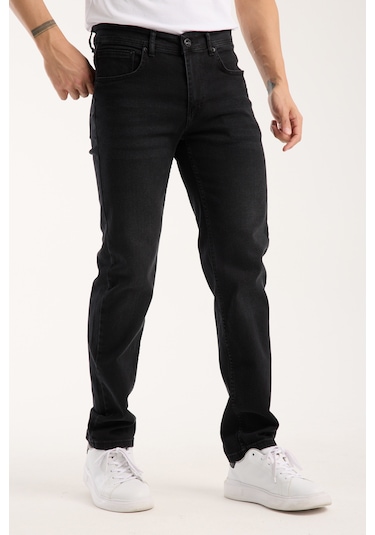 Erkek Pantolon Siyah Regular Fit Fermuarlı Jeans Siyah