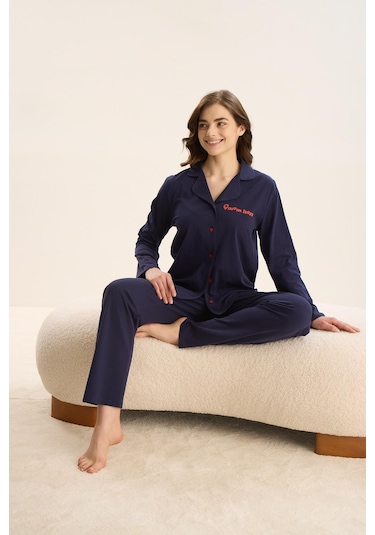 Kadın Uzun Kol Önden Düğmeli Lacivert Pijama Takım C3t9n9o51 001