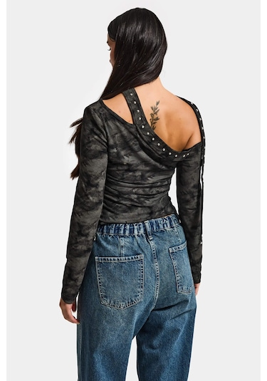 Itsbasic Kadın Siyah Antrasit W5 Asimetrik Kesim Özel Kumaş Tasarım Crop Top