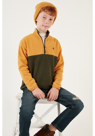 Lela Yumuşak Dokulu Yarım Fermuarlı Renk Bloklu Dik Yaka Unisex Çocuk Polar 5905004 Hardal-Haki