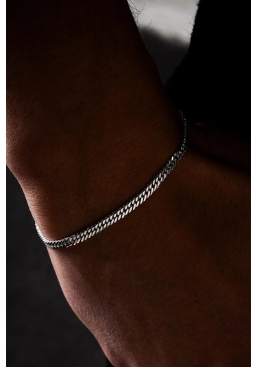 İnce Yassı Sık Zincirli Spor Erkek Çelik Zincir Bileklik 3mm 21cm Eck13b Gümüş