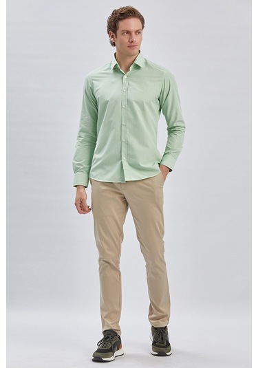 Erkek Uzun Kollu Bez Ayağı Sert Yaka Cepsiz Klasik Slim Fit Dar Kesim Gömlek 1004240230-açık Yeşil