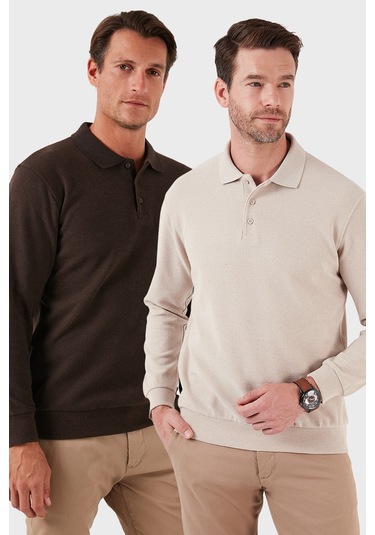 Buratti Pamuk Karışımlı Regular Fit 2'Li Paket Erkek Polo Yaka Kazak 456223S2 Bej-Kahve