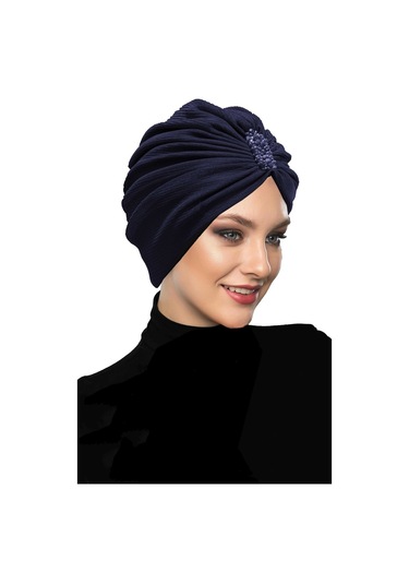 Dizayn Tüllü Kristal Taş İşlemeli Çift Taraflı Astarlı Lacivert Hazır Türban Tesettür Abiye Bone Lacivert