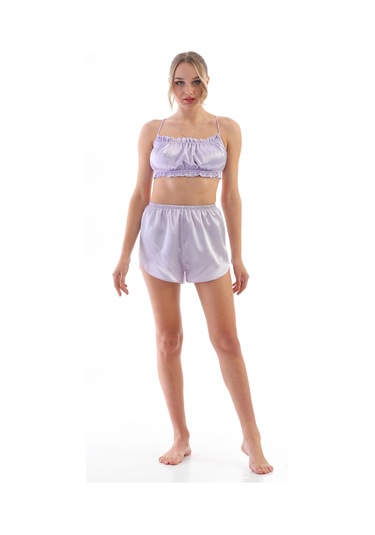 Lila Saten Omuz Bağlamalı Kadın Askılı Pijama Takımı Mor