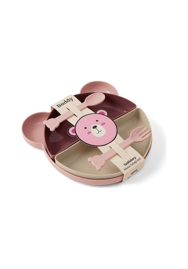 Tucklebery Buddy Mama Tabağı ve Çatal Kaşık Seti Pembe - Mor - Bej