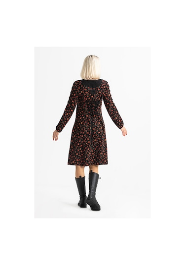 Uzun Kol Pazen Eftelya Çıtır Desen Midi Boy Elbise Siyah Syh Siyah