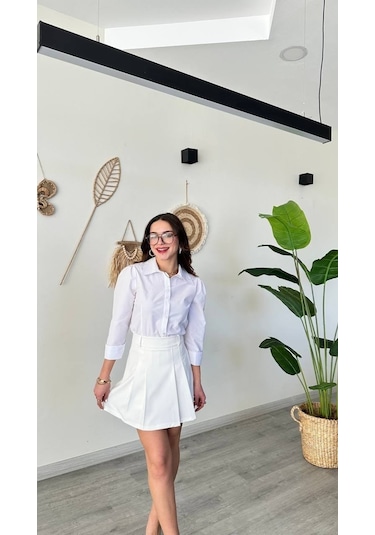 Modadua Yüksek Bel Pileli Beyaz Şort Etek A Kesim Mini Skort