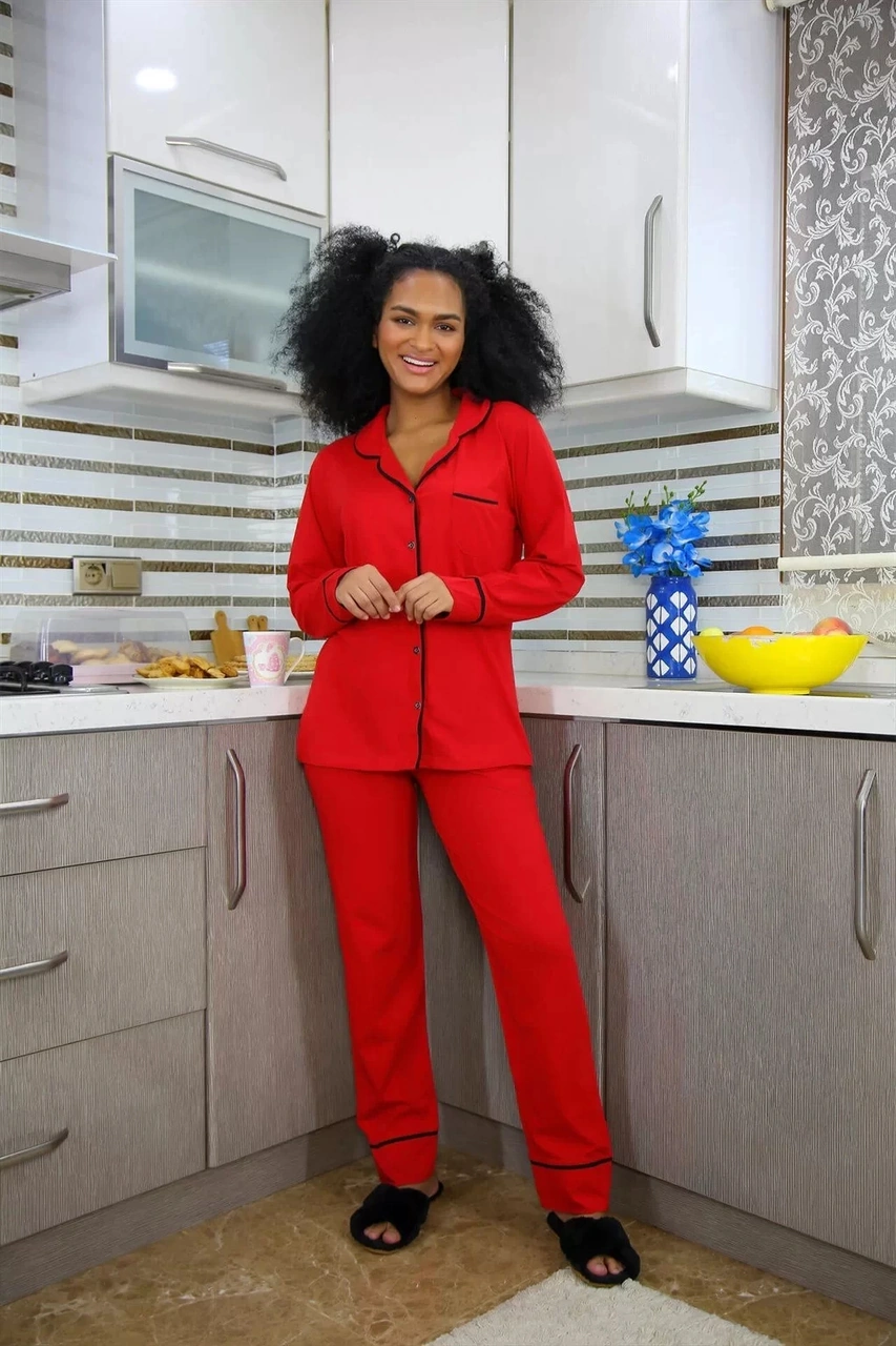 Moda Kadın %100 Pamuk Penye Önden Düğmeli Uzun Kol Pijama Takım Kırmızı Kırmızı