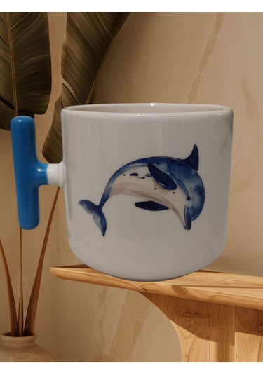 Sevimli Yunus Balığı Çift Taraf Baskılı T Kupa Bardak Mavi T