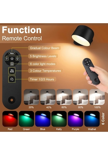 Willowhaven Black Manyetik Duvar Lambası, Dokunmatik Gece Lambası, 360 Derece Dönebilir, Rgb Renk Değiştirir, Uzaktan Kumandalı, Zamanlayıcı, Dimmable, Usb Şarjlı Yatak Başı Lambası Ahşap