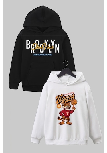 2'li Brooklyn-tigers Baskılı Erkek Çocuk Kanguru Cepli Kapüşonlu Beyaz-siyah Sweatshirt Beyaz - Siyah