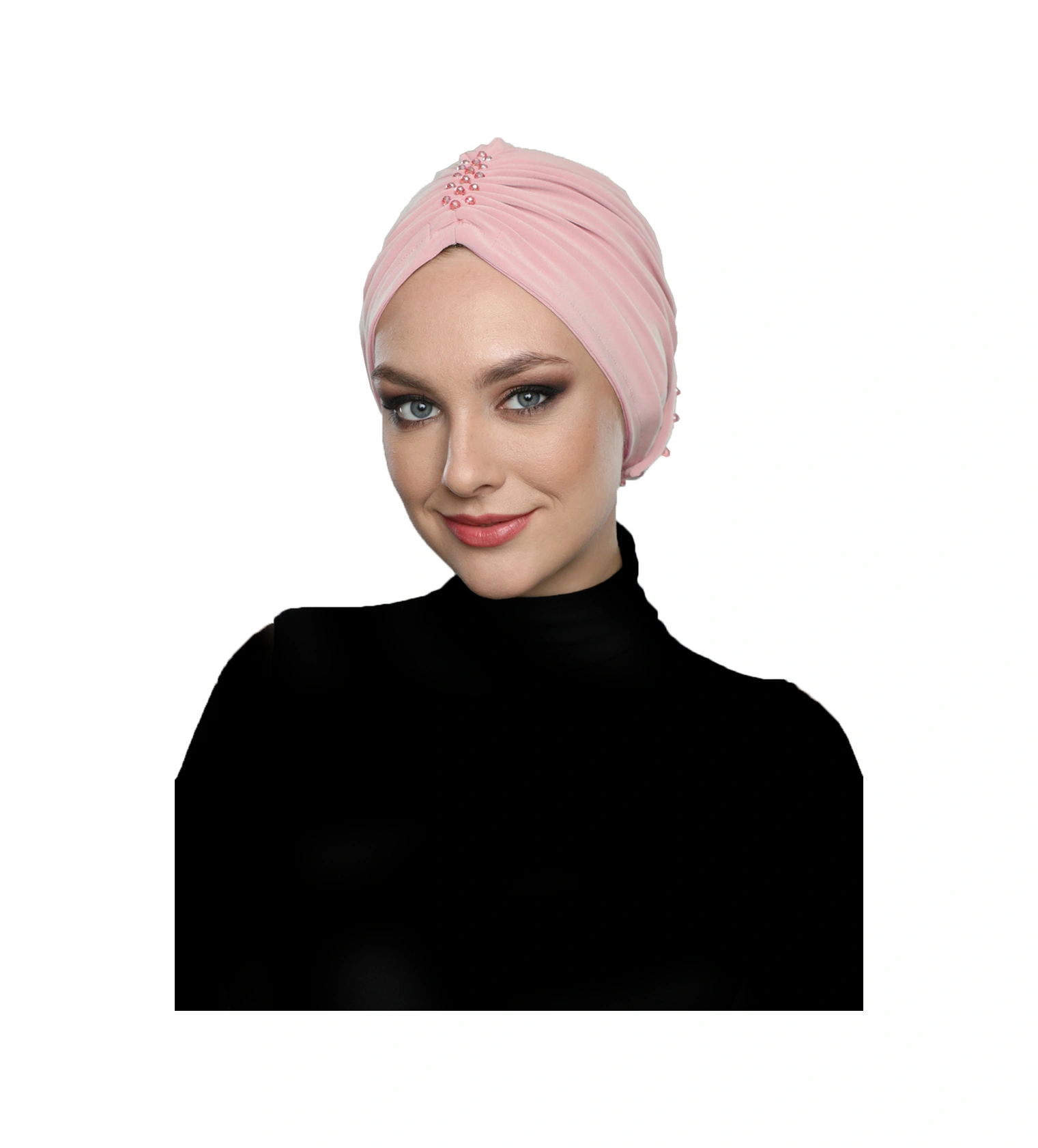 Kristal Yelpaze Taş Işlemeli Çift Taraflı Astarlı Pudra Hazır Türban Tesettür Abiye Bone Pudra