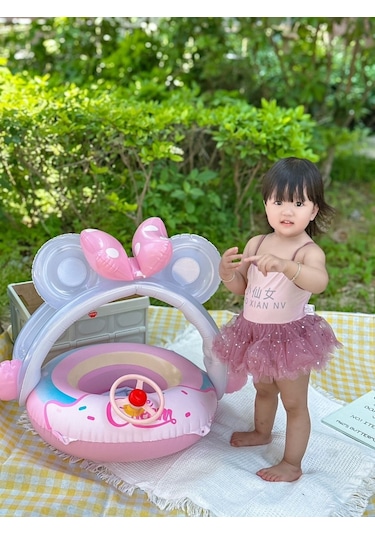 Sevimli Direksiyonlu Güneş Korumalı Plaj Havuz Deniz Bebek Yüzme Simidi 0-4 Yaş Pembe