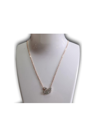 Uzel Çelik Zirkon Beyaz Taşlı Kuğu Kolye Rose Zincir Beyaz