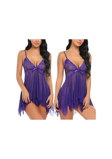 Mor Artı Boyutu Kadınlar İçin Yeni Sling Lingerie Derin V Dantel Babydoll Pijama Boudoir Kıyafetler Mor