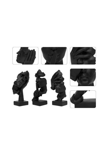 Tenfowee Koyu Siyah Modern Sanat Figürü Seti - Sessizlik, Görmememe, Düşünme Temalı Resin Heykel Dekor 3 Parça