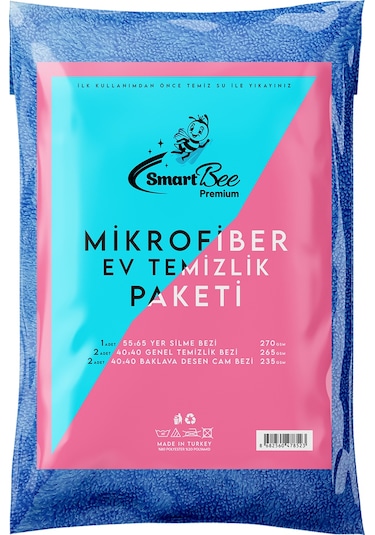 SmartBee Premium Mikrofiber Ev Temizlik Paketi Mavi - Pembe