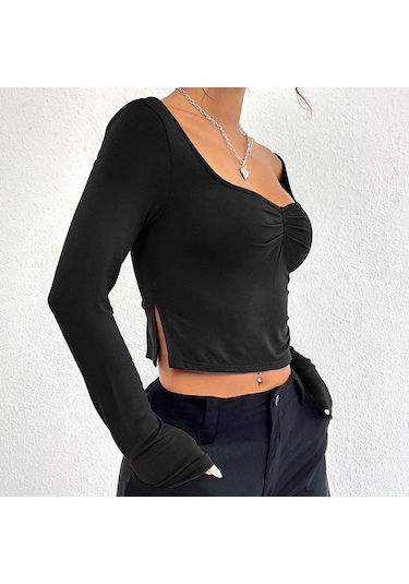 Hnxc Kadın Moda Günlük Yaz Düz Renk Baskı Uzun Kollu U Yaka Bluzlar Ve Gömlekler Beyaz