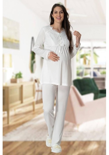 Mecit Pijama Mecit 5414 Bayan Ekru Hamile Lohusa Pijama Takımı