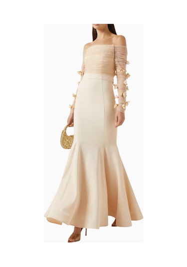 Ronanna Off-shoulder Çiçek Aplikeli Abiye Krem