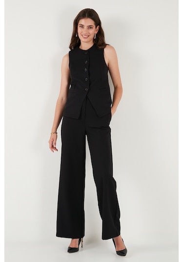 Lela Wide Leg Orta Yüksek Bel Bol Paça Kumaş Bayan Pantolon 6522974 Siyah